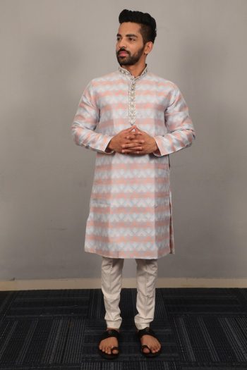 DESIGNER JACQUARD THREAD EMBROIDERY WORK KURTA PAYJAMA BLUE