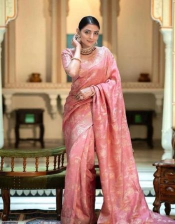 DESIGNER LICHI SILK JACQUARD WORK SAREE WITH UNSTITCHED BLOUSE PEACH