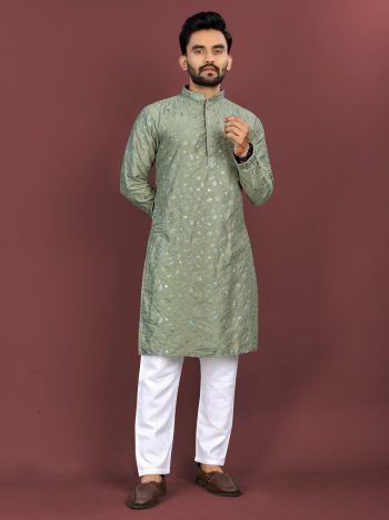 DESIGNER SILK MULTI COLOUR EMBROIDERY FLOWER WORK WITH ALL OVER MATTE SEQUENCE KURTA PAYJAMA PISTA