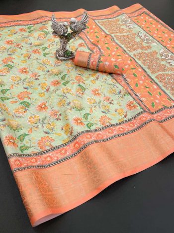DESIGNER SOFT DOLA COTTON  JACQUARD KANJIVARAM SAREE WITH UNSTITCHED BLOUSE PISTA