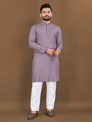 FASHIONABLE RAYON HEAVY EMBROIDERY WITH SEQUENCE WORK KURTA PAYJAMA LAVENDER