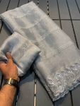 LUXURY PURE SOFT JIMMY CHOO SILK SEQUENCE WORK WITH WORK BORDER SAREE WITH UNSTITCHED BLOUSE GREY