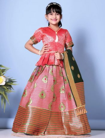 NEW ARRIVAL JACQUARD WEAVING WORK KID'S TOP LEHENGA WITH DUPATTA PEACH