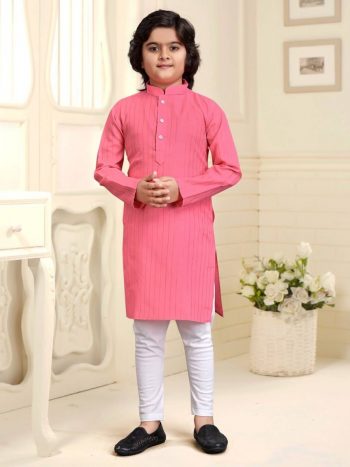 TRADITIONAL COTTON SILVER WEAVING LINE KID'S WEAR KURTA WITH PAYJAMA BABY PINK