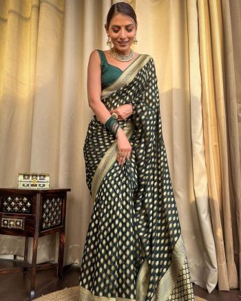 ATTRACTIVE LICHI SILK JACQUARD WORK SAREE WITH UNSTITCHED BLOUSE GREEN
