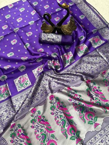 ATTRACTIVE PAITHANI SILK ZARI MEENAKARI WEAVING SAREE WITH UNSTITCHED BLOUSE PURPLE