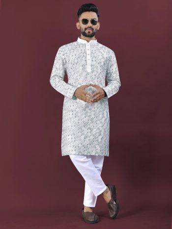 ATTRACTIVE SILK MULTI COLOUR THREAD EMBROIDERY WITH SEQUENCE WORK KURTA PAYJAMA BLUE