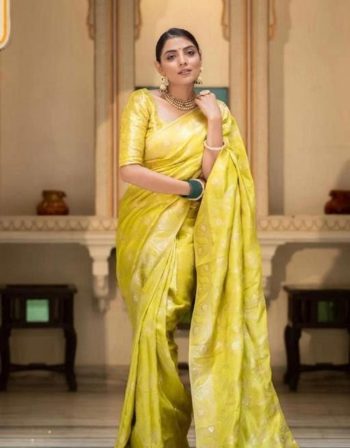 DESIGNER LICHI SILK JACQUARD WORK SAREE WITH UNSTITCHED BLOUSE LEMON