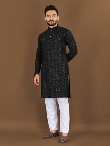 FASHIONABLE RAYON HEAVY EMBROIDERY WITH SEQUENCE WORK KURTA PAYJAMA BLACK