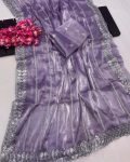 LUXURY PURE SOFT JIMMY CHOO SILK SEQUENCE WORK WITH WORK BORDER SAREE WITH UNSTITCHED BLOUSE LAVENDER