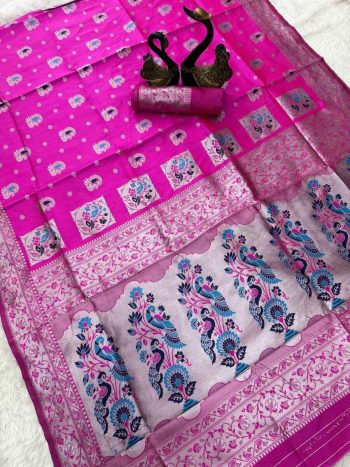 ATTRACTIVE PAITHANI SILK ZARI MEENAKARI WEAVING SAREE WITH UNSTITCHED BLOUSE PINK