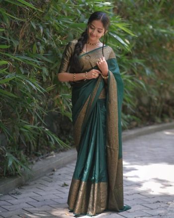 LATEST LICHI SILK JACQUARD WORK SAREE WITH UNSTITCHED BLOUSE GREEN