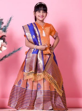 NEW ARRIVAL JACQUARD WEAVING WORK KID'S TOP LEHENGA WITH DUPATTA ORANGE