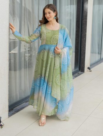 DESIGNER ORGANZA FLORAL PRINT WORK ANARKALI BOTTOM WITH DUPATTA PISTA