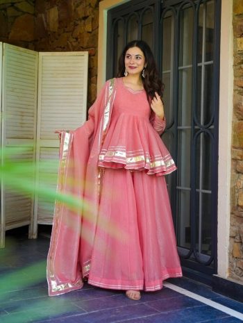 MODERN TABBY ORGANZA LACE BORDER WORK TOP PALAZZO WITH DUPATTA BABY PINK