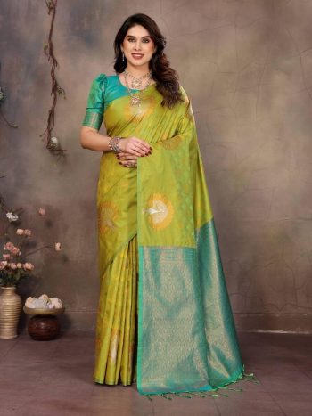 ATTRACTIVE  BANARASI SILK  COPPER ZARI WORK SAREE WITH UNSTITCHED BLOUSE PARROT GREEN