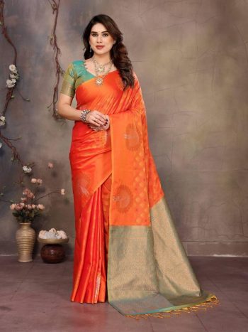 ATTRACTIVE  BANARASI SILK  COPPER ZARI WORK SAREE WITH UNSTITCHED BLOUSE ORANGE