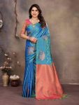 ATTRACTIVE  BANARASI SILK  COPPER ZARI WORK SAREE WITH UNSTITCHED BLOUSE BLUE