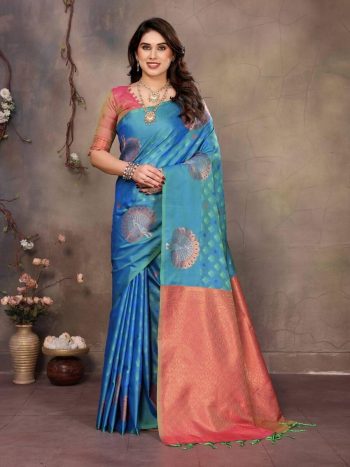 ATTRACTIVE  BANARASI SILK  COPPER ZARI WORK SAREE WITH UNSTITCHED BLOUSE BLUE