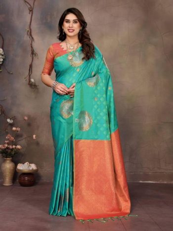ATTRACTIVE  BANARASI SILK  COPPER ZARI WORK SAREE WITH UNSTITCHED BLOUSE RAMA