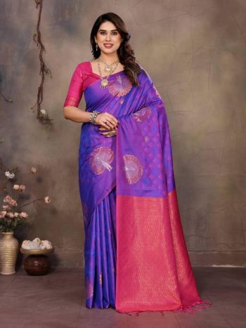 ATTRACTIVE  BANARASI SILK  COPPER ZARI WORK SAREE WITH UNSTITCHED BLOUSE PURPLE