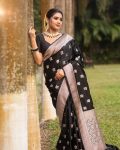 ATTRACTIVE BANARASI SOFT SILK WEAVING WORK SAREE WITH UNSTITCHED BLOUSE BLACK