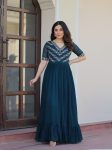 ATTRACTIVE BLOOMING SEQUENCE MULTI THREAD BEADS EMBROIDERY WORK GOWN TEAL