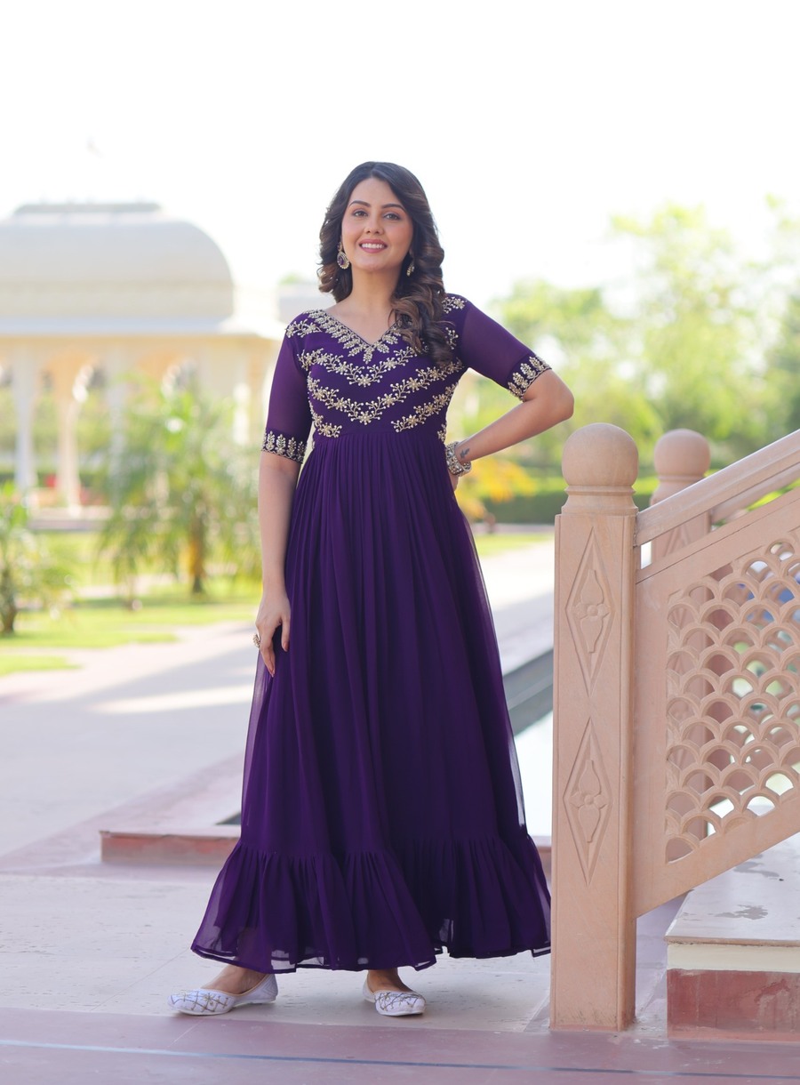 ATTRACTIVE BLOOMING SEQUENCE MULTI THREAD BEADS EMBROIDERY WORK GOWN PARTY WEAR WHOLESALE PRICE ETHNIC GARMENT (6)