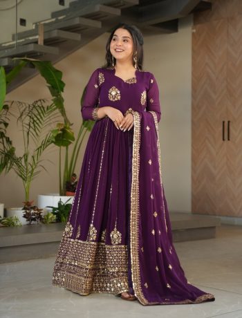 ATTRACTIVE BLOOMING ZARI & SEQUENCE EMBROIDERY WORK GOWN WITH DUPATTA PURPLE