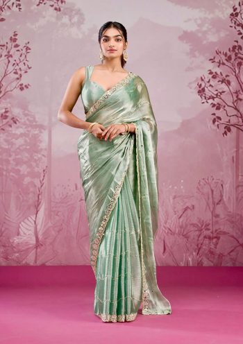 ATTRACTIVE BURBERRY SILK EMBROIDERY,REAL MIRROR  WITH CUT BORDER WORK SAREE WITH UNSTITCHED BLOUSE PISTA
