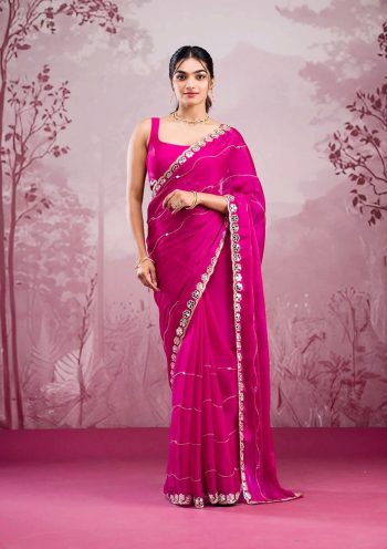 ATTRACTIVE BURBERRY SILK EMBROIDERY,REAL MIRROR  WITH CUT BORDER WORK SAREE WITH UNSTITCHED BLOUSE PINK