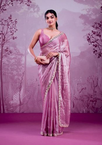 ATTRACTIVE BURBERRY SILK EMBROIDERY,REAL MIRROR  WITH CUT BORDER WORK SAREE WITH UNSTITCHED BLOUSE BABY PINK