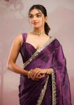 ATTRACTIVE BURBERRY SILK EMBROIDERY,REAL MIRROR  WITH CUT BORDER WORK SAREE WITH UNSTITCHED BLOUSE WINE