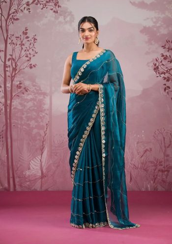 ATTRACTIVE BURBERRY SILK EMBROIDERY,REAL MIRROR  WITH CUT BORDER WORK SAREE WITH UNSTITCHED BLOUSE RAMA