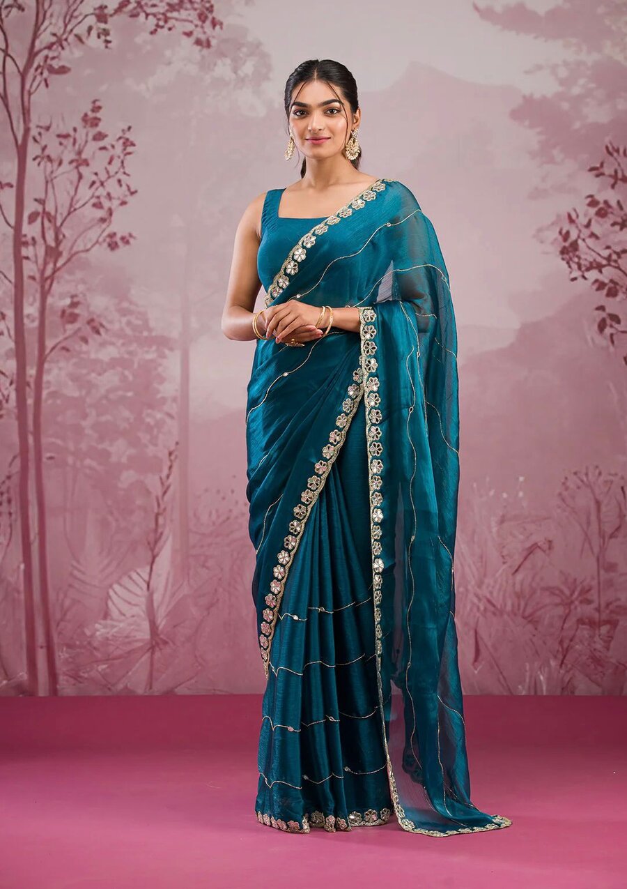 ATTRACTIVE BURBERRY SILK EMBROIDERY,REAL MIRROR WITH CUT BORDER WORK SAREE WITH UNSTITCHED BLOUSE PARTY WEAR WHOLESALE PRICE ETHNIC GARMENT (34)