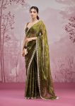 ATTRACTIVE BURBERRY SILK EMBROIDERY,REAL MIRROR WITH CUT BORDER WORK SAREE WITH UNSTITCHED BLOUSE GREEN