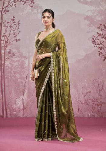 ATTRACTIVE BURBERRY SILK EMBROIDERY,REAL MIRROR  WITH CUT BORDER WORK SAREE WITH UNSTITCHED BLOUSE GREEN