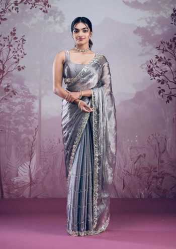 ATTRACTIVE BURBERRY SILK EMBROIDERY,REAL MIRROR  WITH CUT BORDER WORK SAREE WITH UNSTITCHED BLOUSE GREY
