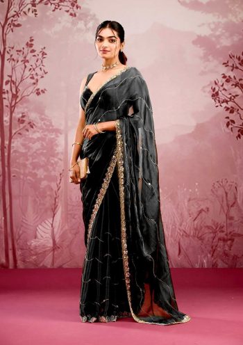 ATTRACTIVE BURBERRY SILK EMBROIDERY,REAL MIRROR  WITH CUT BORDER WORK SAREE WITH UNSTITCHED BLOUSE BLACK