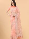 ATTRACTIVE BUTTERFLY NET AARI AND DIAMOND WORK SAREE WITH UNSTITCHED BLOUSE PEACH