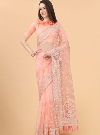ATTRACTIVE BUTTERFLY NET AARI AND DIAMOND WORK SAREE WITH UNSTITCHED BLOUSE PEACH
