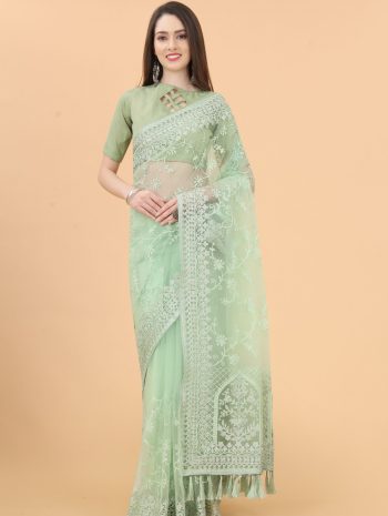 ATTRACTIVE BUTTERFLY NET AARI AND DIAMOND WORK SAREE WITH UNSTITCHED BLOUSE PISTA