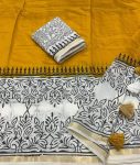 ATTRACTIVE CHANDERI COTTON WHITE CONTRACT HAND-BLOCK PRINTED PANEL WORK SAREE WITH UNSTITCHED BLOUSE YELLOW