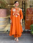 ATTRACTIVE CHANDERI SILK EMBROIDERY WORK TOP BOTTOM WITH DUPATTA ORANGE