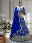 ATTRACTIVE CHINON EMBROIDERY SEQUENCE CODING DESIGN WORK LEHENGA CHOLI WITH DUPATTA BLUE