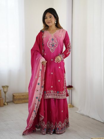 ATTRACTIVE CHINON EMBROIDERY SEQUENCE DESIGN WORK TOP SHARARA WITH DUPATTA RANI