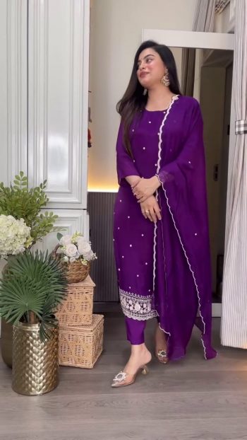 ATTRACTIVE CHINON EMBROIDERY & SEQUENCE WORK TOP BOTTOM DUPATTA PURPLE