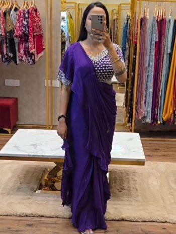 ATTRACTIVE CHINON RUFFLE WORK READY TO WEAR SAREE WITH STITCHED BLOUSE PURPLE
