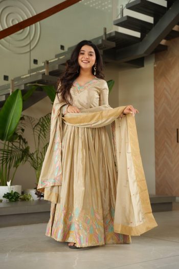 ATTRACTIVE CHINON SEQUENCE & MULTI THREAD EMBROIDERY WORK GOWN WITH DUPATTA CREAM
