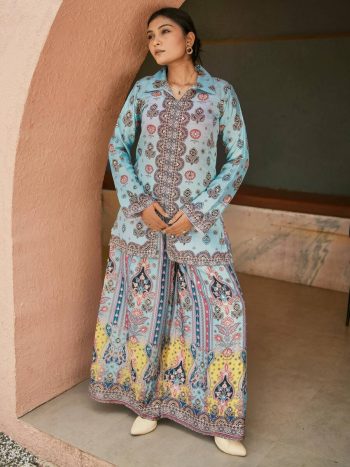 ATTRACTIVE CHINON SILK DIGITAL PRINT AND REAL MIRROR WITH STONE HAND WORK CO-ORD SET SKY